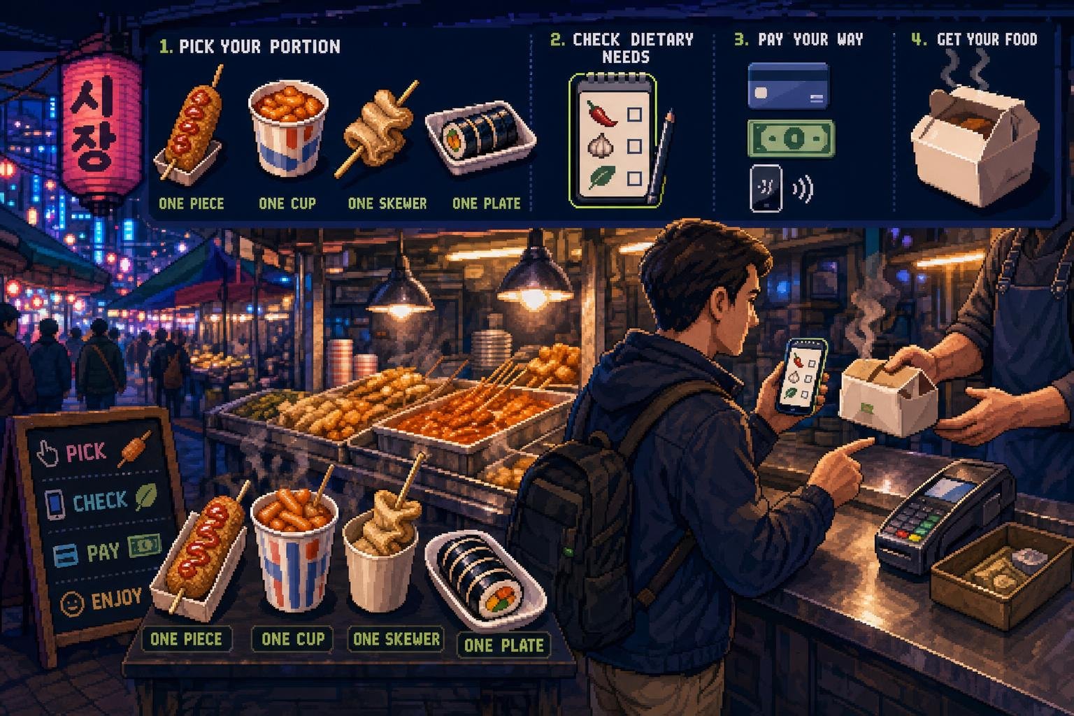 How to Order Street Food at Korean Markets and Night Markets as a Foreigner: Paying, Portions, and Dietary Tips